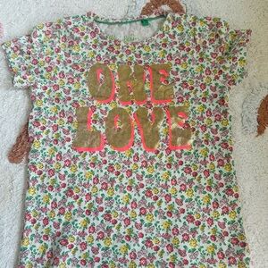 Mini Boden White Floral 'ONE LOVE' Tee with Gold & Pink Accents size 6/7